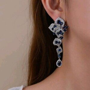 1Pair Luxury Cubic Zirconia Flower Shape Long Dangle Earrings